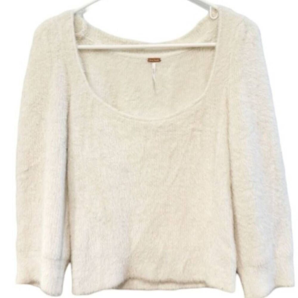 Free People Moonbeam Fuzzy Crop Sweater Ivory Puff Sleeve Square Neck Small